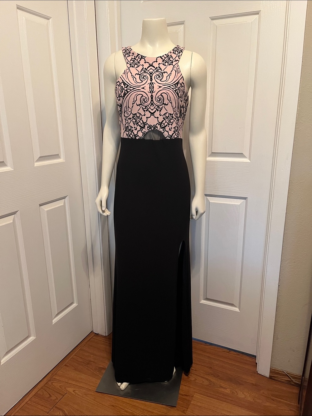 Wendye Chaitin Pink & Black Patterned Bodice Evening Gown